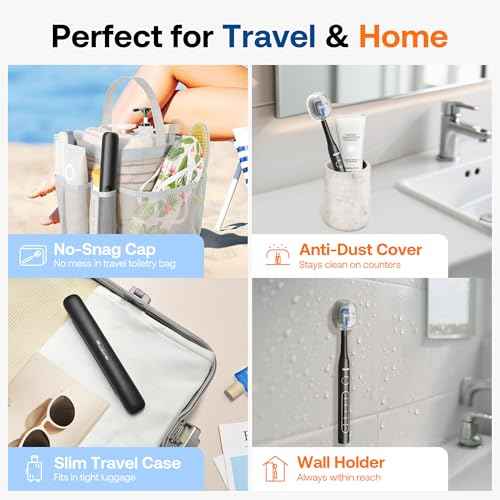 Bitvae ADA Accepted Electric Toothbrush, Travel Toothbrush Rechargeable for Adults and Kids, 60-Day Battery, 5 Modes, 8 Heads, Portable Travel Case & Holder, Shadow Black