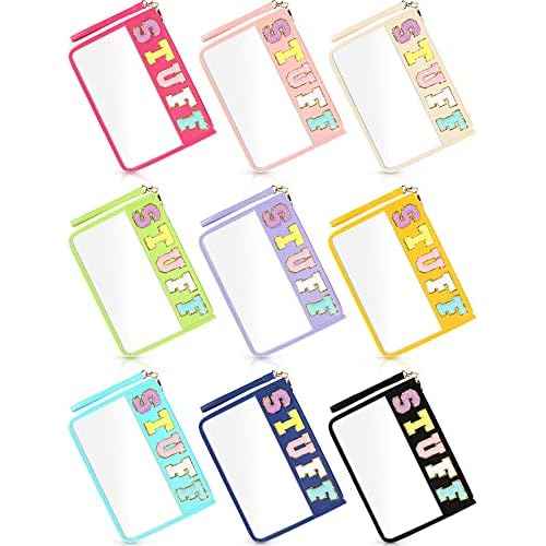 Nuanchu 9 Pcs Clear Chenille Letter Bag Stuff Pouch PVC Waterproof Preppy Cosmetic Makeup Bag Snack Travel Beach Pouch with Wrist Let for Teen Women Gifts Operation Christmas Thanksgiving Gifts Items
