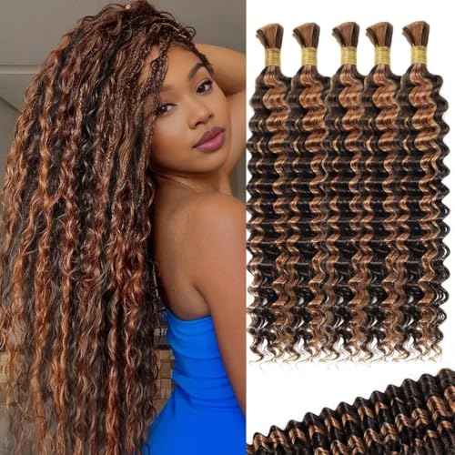 12A P4/30 Dark and Light Brown Human Braiding Hair for Boho Braids 5 Bundles 24 Inch 160g Deep Wave Braiding Hair for Bohemian Knotless Braids 100% Unprocessed Virgin Bulk Hair Extensions No Weft