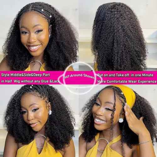 warbler 22 Inch Half Wig Human Hair 200% Density 3 In 1 Seamless Flip Over headband wig human hair Glueless Wear and Go Beginner Friendly Kinky curly human hair wig Drawstring Headband Wig for Women