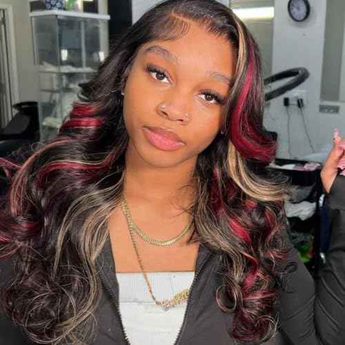 Red Blonde Highlight Wig Human Hair Body Wave Lace Front Wigs Human Hair Pre Plucked 180% Density Blonde Red Highlights 13X4 Transparent Glueless Colored Wig Human Hair for Women 16 Inch