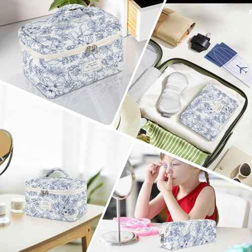 Makeup Bag, 3 Pcs Cotton Floral Quilted Makeup Bag Set, Large Toiletry Travel Cosmetic Bag for Women