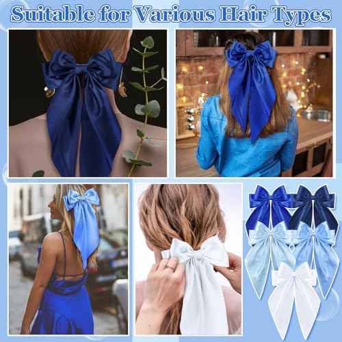 5 Pcs Blue Hair Bows for Women, Silky Satin Large Hair Clips for Girls, Long Tail Hair Ribbon Accessories