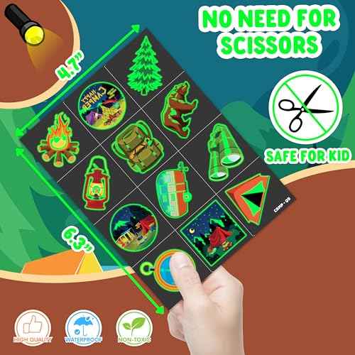96 PCS Camp Camping Pre-Cut Luminous Glow in the dark Temporary Tattoos for Kids Themed Birthday Party Supplies Favors Decorations 8 Sheets Super Cute Fake Tattoo Stickers Gifts For Boys Girls Rewards