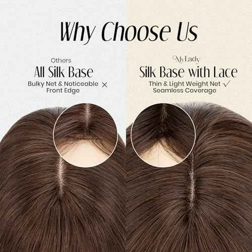 MY-LADY Human Hair Toppers for Women Real Human Hair with Bangs Thin 7 * 13CM Silk Base with Lace Clip in Remy Hairpieces 150% Density 16 Inch Dark Brown
