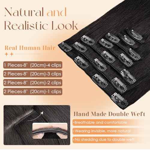 Clip in Hair Extensions Real Human Hair 24 Inch 120g Invisible Seamless Human Hair Clip in Extensions for Women 7pcs Per Set with Double Weft 1B Natural Color