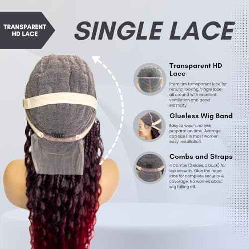 PIB Single Full Lace Braid Wig - Micro Boho Peruvian Deep Wave Box Braided, Knotless for Black Women, Curly Hair (#1B118 Off Black and Burgundy, 32" Small-Medium)