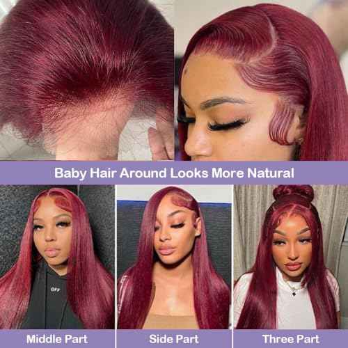 REMY HAIR 99J Burgundy Straight Lace Front Wigs Human Hair 13x4 Transparent Lace Front Wig Pre Plucked with Baby Hair 180% Density Glueless Wigs Natural Hairline Red (16 Inch)