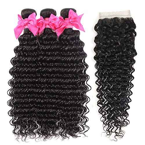 Aatifa Brazilian Virgin Deep Wave 3 Bundles with Closure 9A Grade Unprocessed Human Hair with 4x4 Lace Closure Free Part Natural Color, lace closure, (18/20/22+16 Inch)