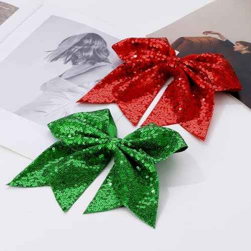 Large Big 7 Inch Glitter Bow Clip Sequin Bling Party Hair Accessories for Women Teens Girls Kids 2 Pcs (Red, Christmas Green)