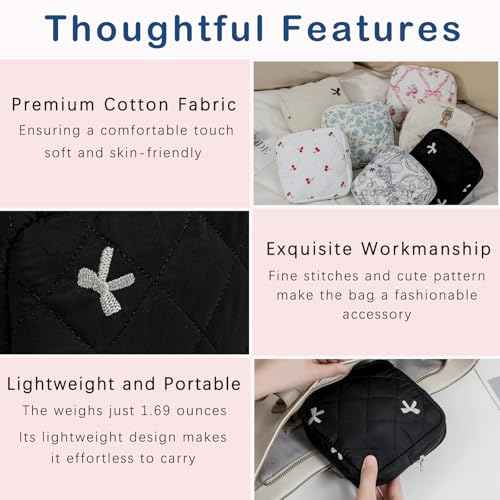 Small Quilted Cosmetic Pouch for Purse, Mini Cotton Makeup Bag with Compartments, Cute Zipper Lipstick Holder for Women (08Black Bow)