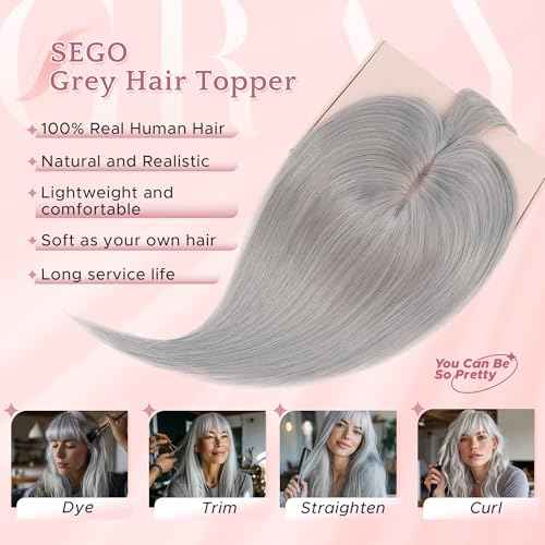 SEGO Grey Hair Toppers for Women Real Human Hair With Bangs, 7 * 13 CM Silk Base Clip In Topper Wiglet, Top Pieces for Women with Thinning Hair -10 Inch #G1 Silver Grey