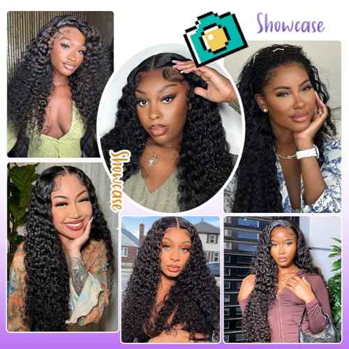 13x4 Deep Curly Glueless Wigs Human Hair Deep Wave Lace Frontal Wet and Wavy Wig 20 Inches 180 Density Water Wave Lace Front Wigs Human Hair Pre Plucked with Baby Hair Natural Black 1B