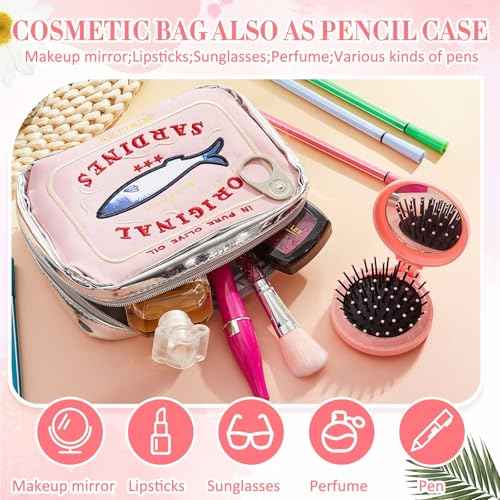 Reginary 2 Pcs Pink Canned Sardines Makeup Bag and Mini Hair Brush with Mirror Cute Cosmetic Bag Folding Hair Brush Kawaii Pencil Case Pouch Portable Travel Toiletry Bag Funny Waterproof for Women