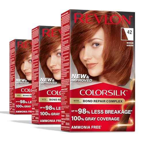 Revlon ColorSilk with Bond Repair Complex, Auburn Permanent Hair Color, 100% Gray Coverage, Ammonia Free Hair Dye, Vegan Keratin, 42 Medium Auburn (Pack of 3)