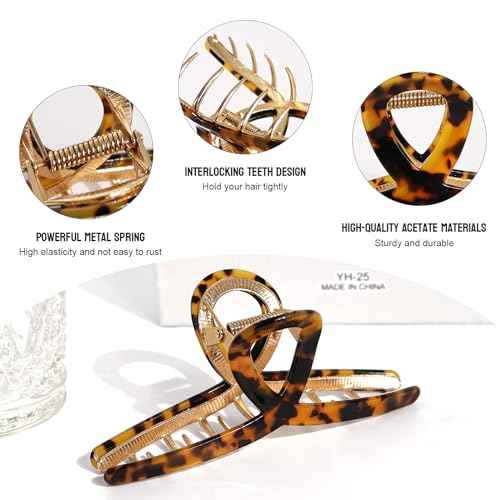 Large Metal Hair Clips - Strong Hold Gold Clips for Thick Locks - Leopard Print Claw Clips for Women and Girls