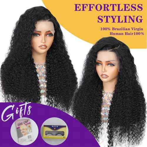 13x6 Deep Wave Lace Front Wigs Human Hair 200 Density Pre Plucked HD Transparent 100% Lace Frontal Wigs Deep Curly Wet and Wavy lace front human hair Wigs for Women£¨ 30 inch £¬ Natural Black£©