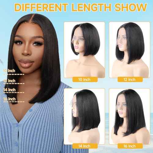 Bob Wig Human Hair 200 Density 13x4 HD Lace Front Wigs Human Hair Pre Plucked Short Bob Straight Frontal Wigs Human Hair for Women Natural Black 14"