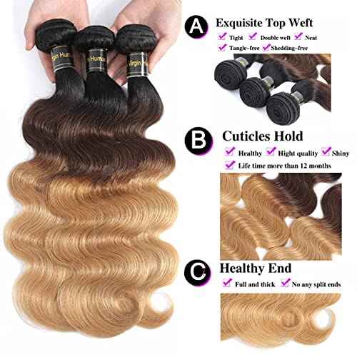 Shining Girl 12A Ombre Body Wave Bundles With Closure Brazilian Virgin Remy 100% Human Hair Ombre 3 Tone T1B/4/27 Color Human Hair Extensions 3 Bundles with 4x4 Lace Closure (16 18 20+14, 1B#/4#/27#)