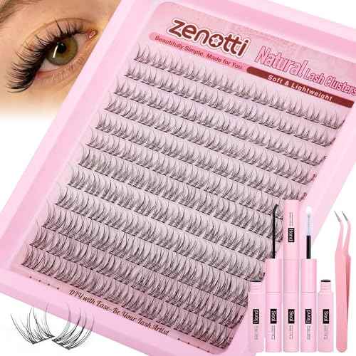 Natural Lash Clusters Kit Wispy Eyelash Clusters Kit Natural Lash Extension Kit C-Curly Individual Lashes Short Eyelash Extensions with Lash Bond and Seal and Eyelash Tweezers 9-12MM 144PCS by zenotti