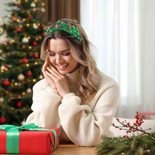 Sokfone Women's Christmas Headband Pearl Knotted Headband Christmas Red and Green Pearl Rhinestone Crystal Gem Hairband Top Knot Holiday Hair Accessories Holiday Costume Gift (Green)