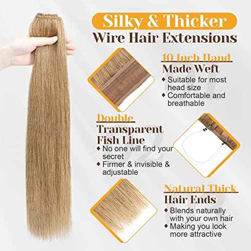 Benehair Human Hair Extensions Thick Ends Invisible Wire Real Human Hair with 2 Fish Lines Thicker Hairpieces 20inch 110g Dark Blonde Hair Extensions Straight Thicker Hairpieces for Women #27