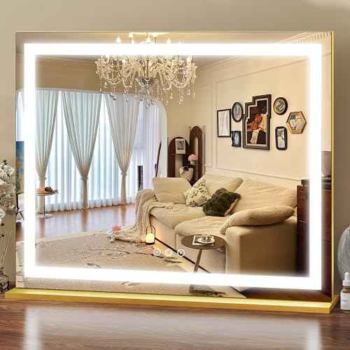 ROLOVE Gold Vanity Mirror with Lights 23x18 Inch, 3-Color Dimmable LED & Touch Control - Large Makeup Mirror for Dressing Room (Wall/Tabletop Mount)