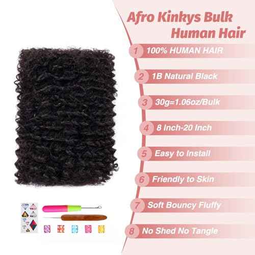 Afro Kinkys Bulk Human Hair for Twist Braiding Mini Braids Locs Dreadlock Extensions Afro Kinky-Curly Human Braiding Hair Bundles For Men Women Kids 20 Inch 4 Bulks 120g 1B Natural Black Easy to Braid