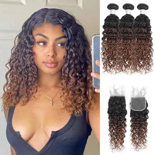 Ombre Human Hair Bundles with Closure 4x4 Water Wave, #T1B/2/30 Chestnut Ombre Brown Wet and Wavy Curly Remy Hair 3 Bundles and 4x4 HD Lace Closure Free Part 10/12/14+10 Inch Dark Roots Weave