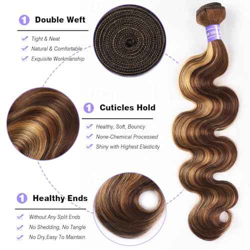 Perstar 4/27 Human Hair Bundles Honey Blonde Body Wave Bundles Human Hair Highlight Brazilian Virgin Hair 14 16 18 20 Inches 100% Unprocessed Human Hair Weft Ombre Piano Color