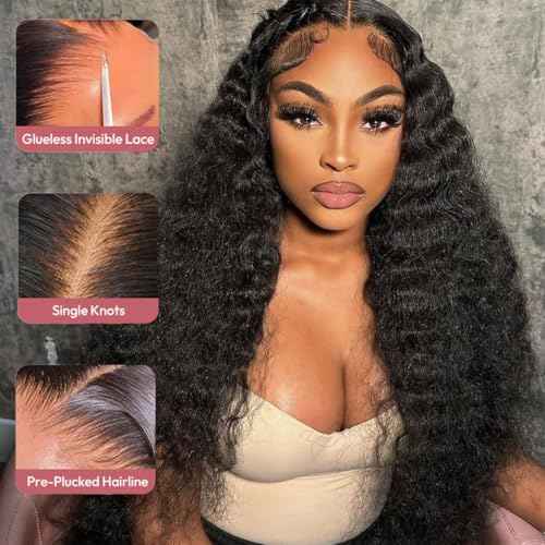 13x6 Deep Wave Lace Front Wigs Human Hair 200 Density 24 Inch Curly Wig 13x6 HD Lace Front Wigs Human Hair Glueless Wigs Human Hair Pre Plucked for Black Women Natural Color