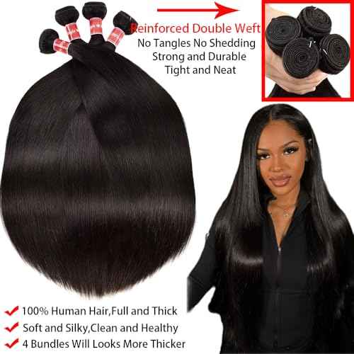 Straight Human Hair Bundles 20-26 Inch 12A Brazilian Virgin, 100% Unprocessed, Straight Weave, Black, 4 Bundles