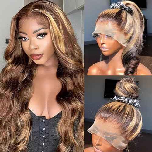 Honey Blonde 360 Lace Front Wigs Human Hair Drawstring Ombre Body Wave Lace Front Wigs Human Hair Pre Plucked 360 HD Full Lace Wig Highlight Glueless Frontal Wigs Human Hair 26 Inch