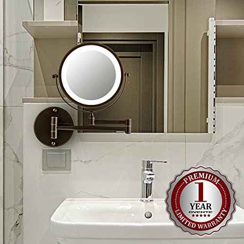 OVENTE Wall Mounted Lighted Makeup Mirror, 7" Double Sided 1X/7X Magnifying Vanity Mirror for Bathroom with LED Lights, Cordless, 360° Rotation and 13" Extendable Arm, Antique Bronze MFW70ABZ1X7X