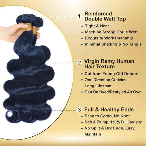 Dark Blue Body Wave Human Hair Bundles, Quick Weave Sew In Wavy 12A 100% Brazilian Virgin Hair, Soft Glossy Thick, Perfect for Quick Weave Sew-In Styles 3 Bundles 12 14 16 Inch