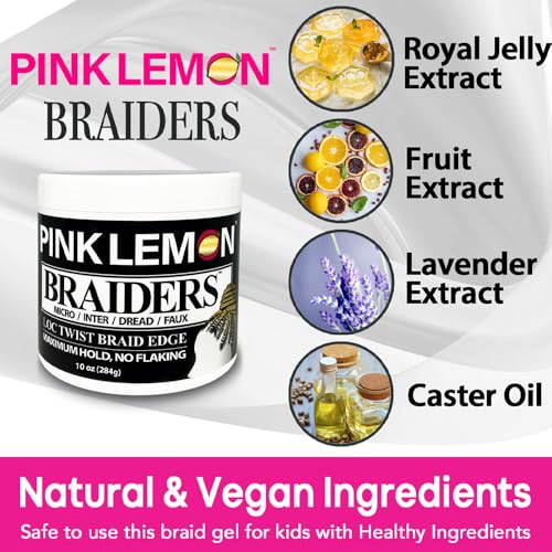 PINK LEMON Braiding Gel - Maximum Hold, No Flaking, Long Lasting Hold, High Shine. For Micro, Inter, Dread, Faux, Loc, Twist, Braid, Edge. (10 oz)