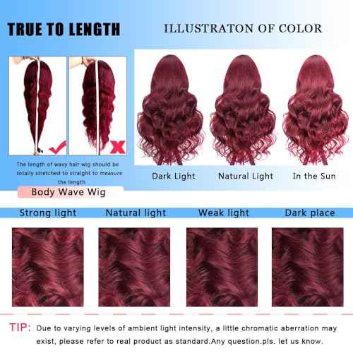 28 Inch 99j Burgundy Lace Front Wigs Human Hair Red Wig Burgundy Human Hair Wig Glueless Lace Front Wigs for Women 13x4 Body Wave Lace Front Wigs Pre Plucked 180% Density