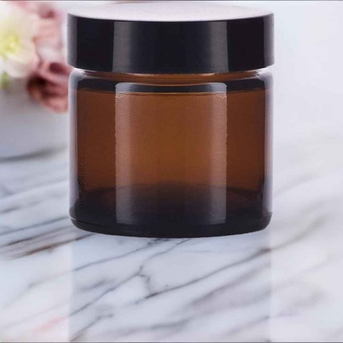 1 oz / 30 ml Amber Thick Wall Glass Straight Sided Jar with Black Smooth Lined Lids (12 Pack)