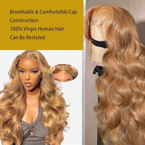 DEWELLY Honey Blonde Wig Human Hair 200% Density Body Wave 5x5 HD Lace Front Wig Human Hair Pre Plucked #27 Colored Body Wave Lace Closure Wigs for Women with Baby Hair 24 Inch