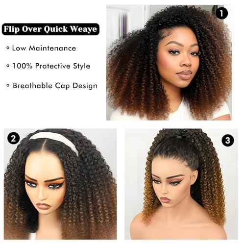 Half Wig Human Hair Glueless Kinky Curly Style 200% Density Ombre Highlight Invisible Hairline Beginner Friendly Seamless Clip Ins Flip Over None Lace Front Wigs (12 Inch)