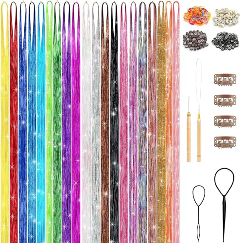 Hair Tinsel Kit (48 Inch,20 Colors,6000 strands), Tinsel Hair Extensions with Tools£¬Heat Resistant Fairy Hair Tinsel Kit for Women Girls Hair Accessories