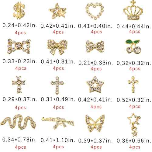 64 Pcs Gold Nail Charms and Gems Y2k Charms for Nails Design Metal Nail Jewels for Nail Art 3D Nail Bow Cherry Butterfly Star Cross Heart Money