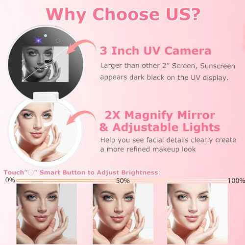 UV Camera for Sunscreen Test UV Mirror Sunscreen Camera, 3.8 Inch Rechargeable 2X Magnifying Vanity Mirror with Light Handheld Double-Sided Pocket Mirror for Skin Protection(White)