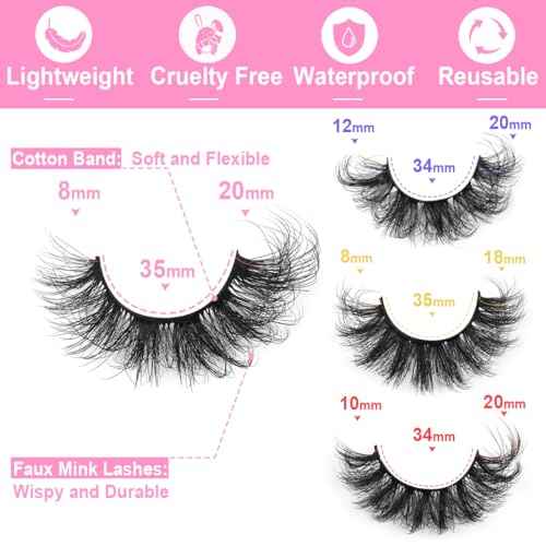 Mink Lashes Fluffy Faux Mink Eyelashes Wispy 20mm Long D-Curl Lashes Russian Cat Eye Strip Lashes Extensions Eyelashes Pack 20 Pairs