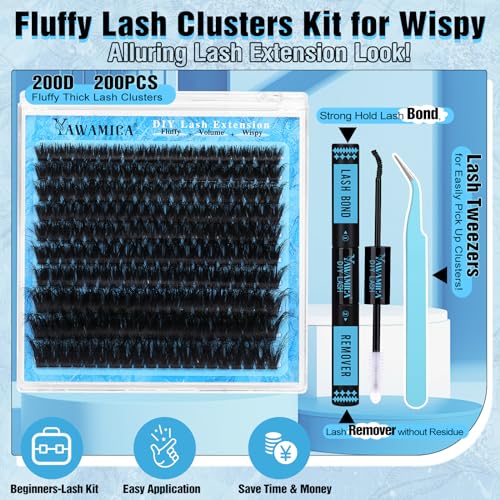 Yawamica Lash Clusters Kit 200D Fluffier Volume Cluster Eyelash Extensions Kit 10-20mm DIY Lash Extension Kit with Lash bond and Lash Remover and Lash Applicator for DIY Lash (200D-10-20MM Kit)