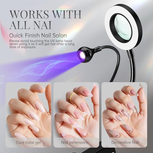 krofaue Dual-Headed UV Nail Lamp with 6¡¿ Magnifier, 3W Adjustable Flash Cure Lamp for Gel Nails Desk Clip on Nail Light for Home and Salon DIY