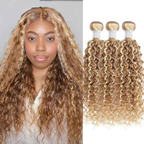 13A 27/613 Human Hair Bundles Water Wave, Highlight Blonde Curly Bundles Wet n Wavy 100% Raw Hair Keep Silky And Soft After Washing #F27/613 Highlight Honey Blonde Sew In Weave 3Pcs 10 12 14IN