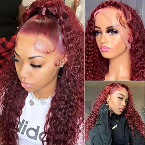 Burbundy 99j Deep Wave Curly Lace Front Wigs Human Hair Pre Plucked Red Colored Hd 13x4 Lace Frontal Wigs for Black Women Wig(99J, 28 Inch)