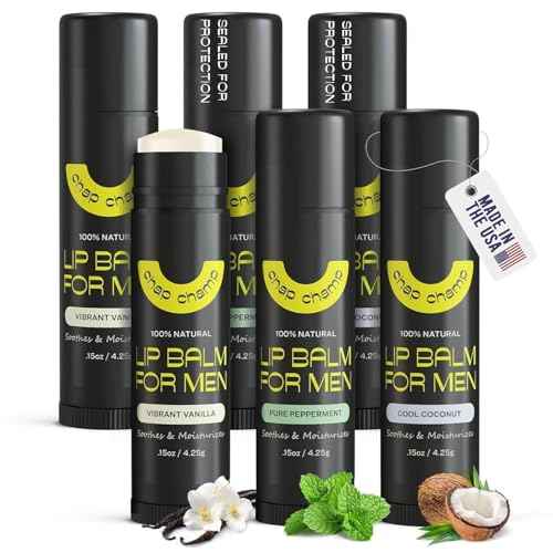 Lip Balm for Men - All Natural Chapstick - Great Stocking Stuffer - Vitamin E and Beeswax - Chapstick for Men - Peppermint, Coconut & Vanilla Lip Balm - Made in the USA (6 pack)
