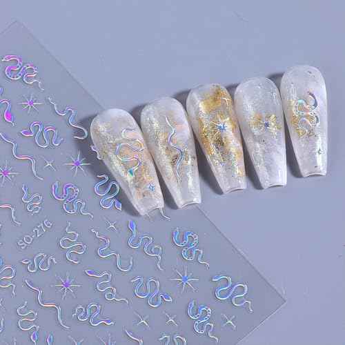 Snake Nail Sticker for Nail Art 3D Self-Adhesive Black Silver Gold Laser Snake Star Nail Decals Stars Designs Nail Art Stickers Charms for Women and Girls Daily DIY Nail Decoration